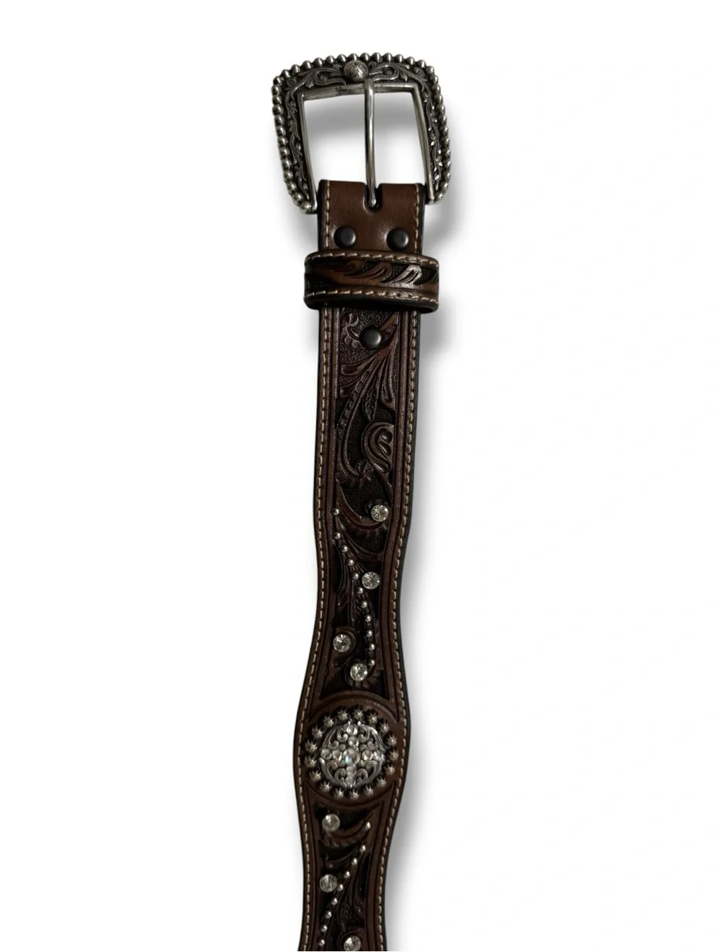 Ariat Women’s Brown Leather Belt Scroll Inlay Crystal Western Cowgirl A1513003 M